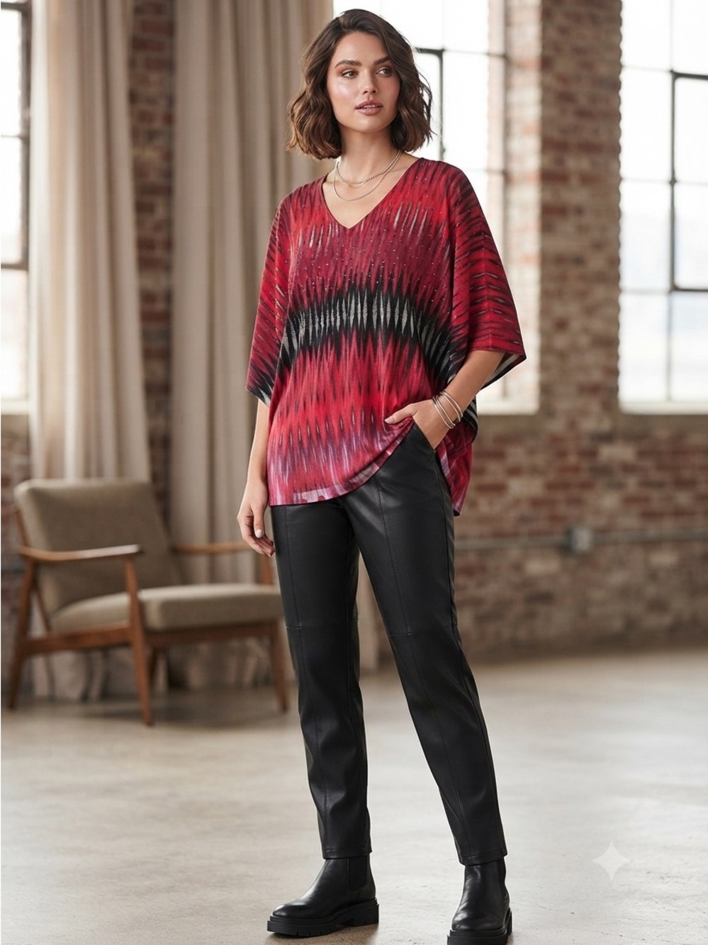 Style & Co Y2K Boho Flowy Batwing Top Stretch M Elastic Waist Tunic Shirt Red